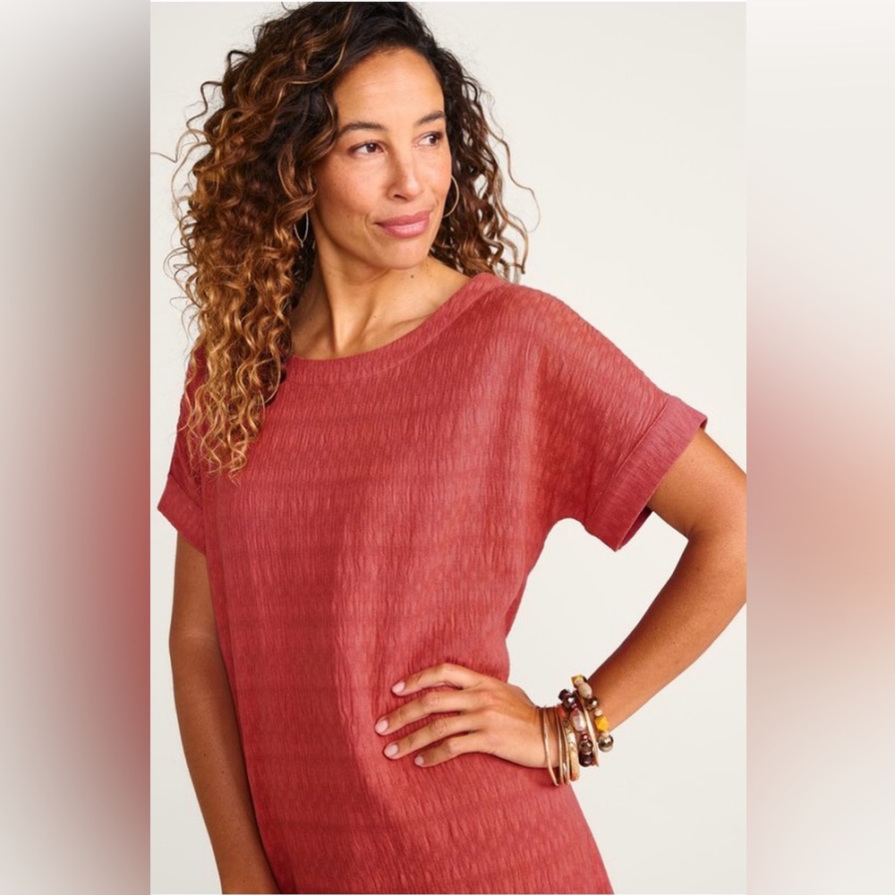 NWT Brick Red Soft Surroundings Remi Gauze Slip Linen Blend Shirt Dress Size M - Picture 2 of 16
